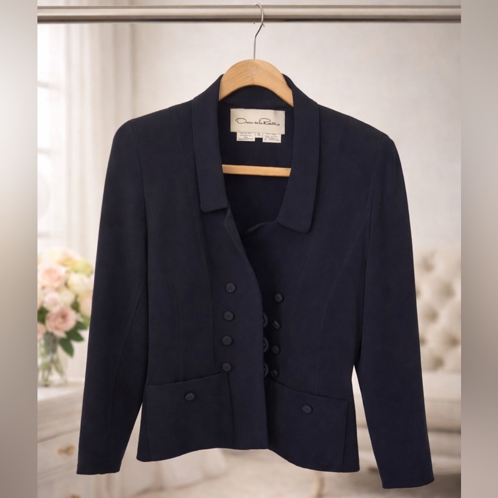 Oscar de la Renta 100% Wool Skirt Suit Navy Blue Made in Italy Size 4 - Picture 2 of 6